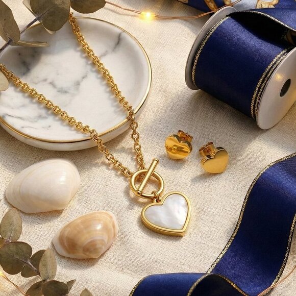 18K Gold Plated Stainless Steel White Shell Heart Toggle Necklace Earrings Set - Picture 6 of 12